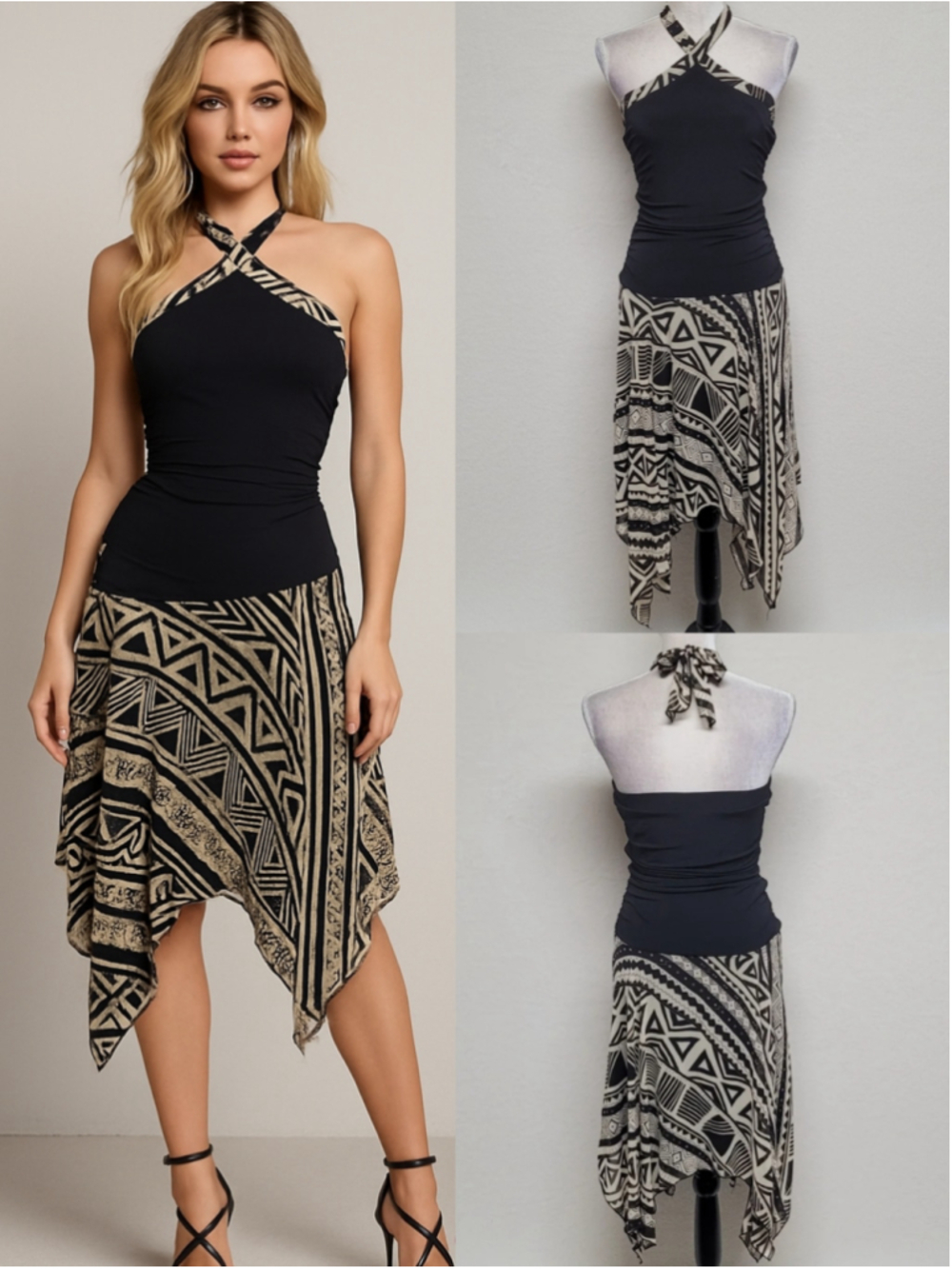 90s Vintage BCX Black Ruched Crossed Halter Aztec Sequin Asymmetric Midi Dress L
